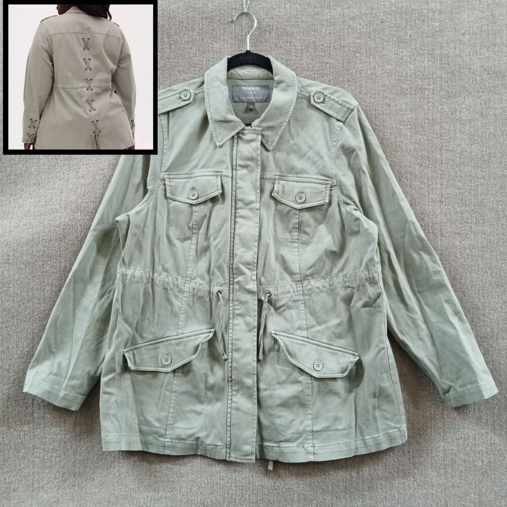Torrid Jacket Twill Lace-Up Back Anorak Women's 0 (Large 14-16) Seagrass Stretch